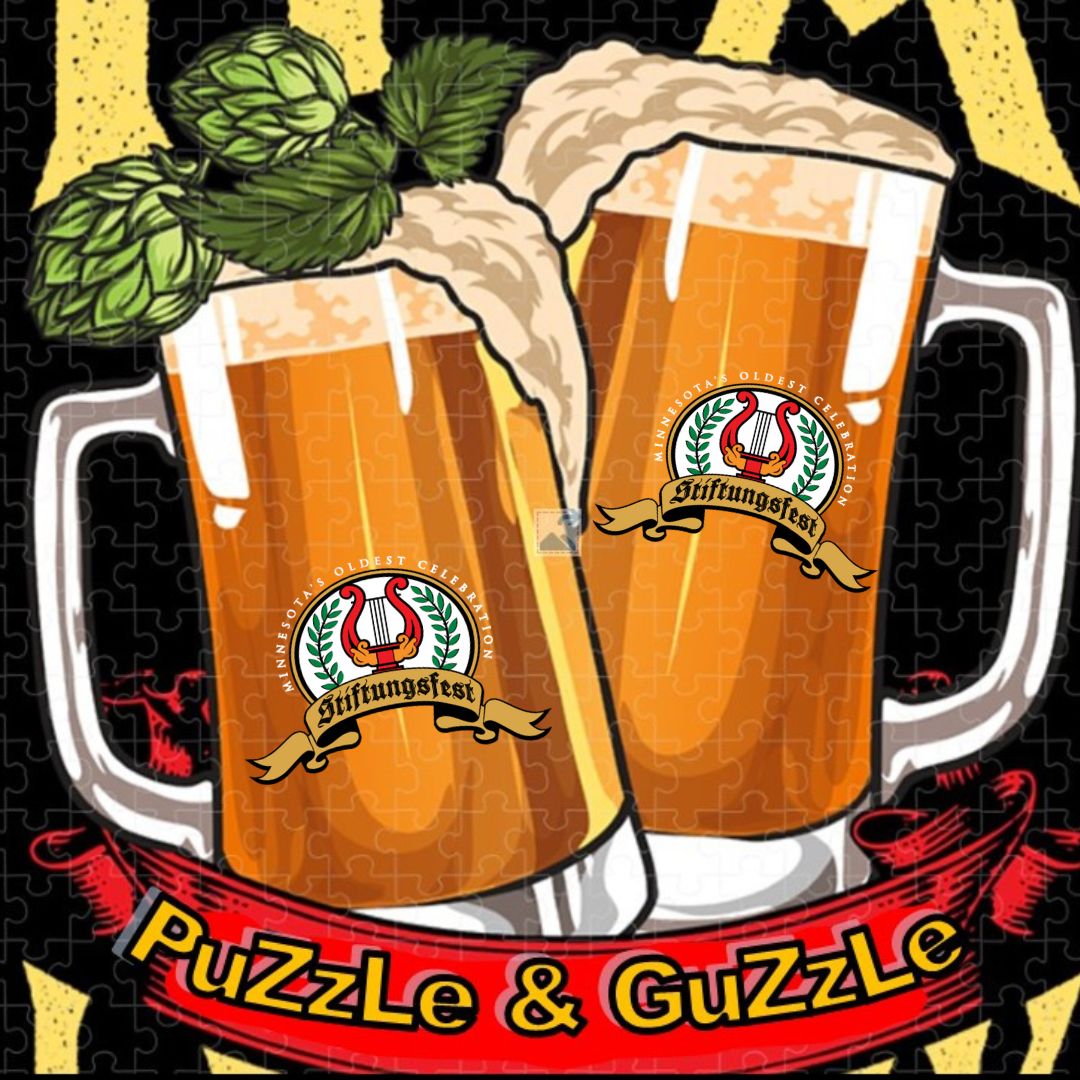 two beer glasses with a stiftungsfest logo with text reading puzzle and guzzle